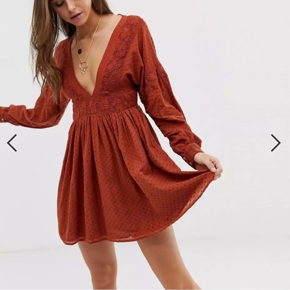 Free People Rust Long Sleeve Dress with Lace